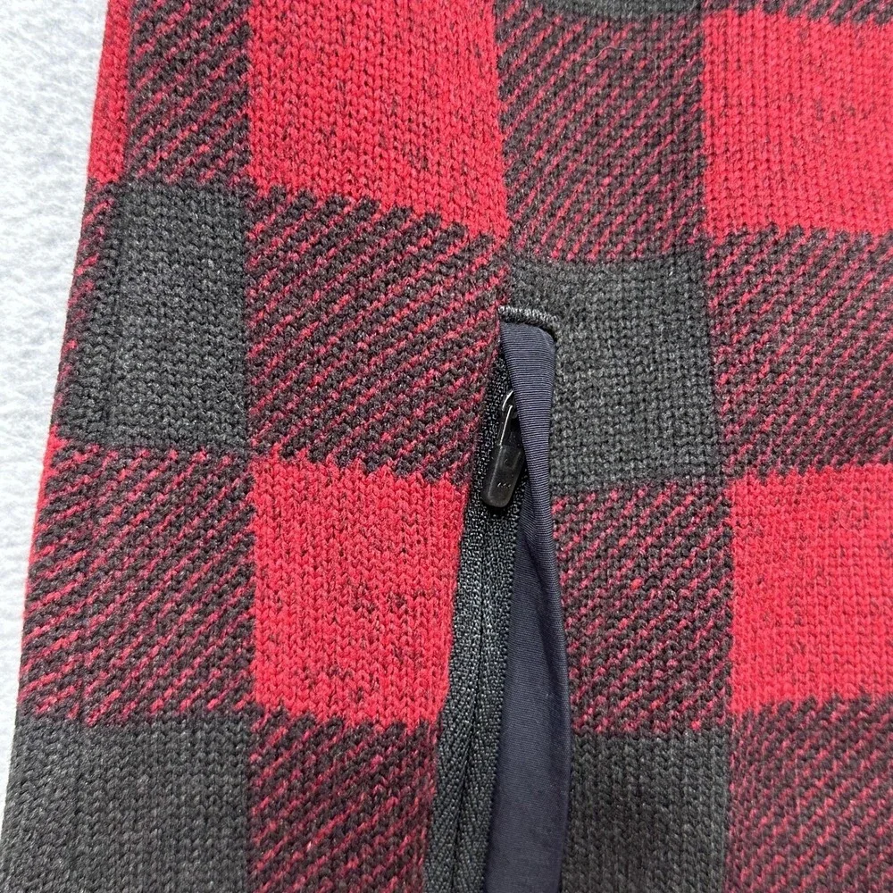 LL Bean Sweater Fleece Long Vest Womens Small Red Buffalo Plaid Full Zip Pockets